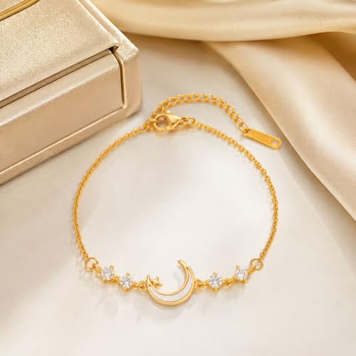 Moon Phase Bracelet Gold/Silver Opal Moon Charm Bracelet Adjustable Opal Style Crescent Charm Chain Bracelets with White Bead Accents Celestial Jewelry Outfit Accessories Gift for Women - color: B1: Gold