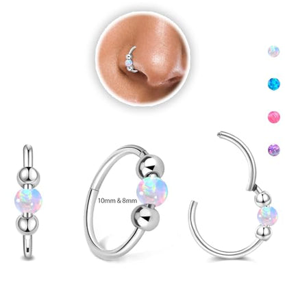 Thiswhyimbeauty 2PCS 18g Opal Nose Rings for Women Nose Hoops 8mm/10mm Hypoallergenic 316L Surgical Steel Nose Rings Piercing Jewelry Can Be Used as a Nose Ring, Septum Ring, and Cartilage Earring - color: A-Silver White opal