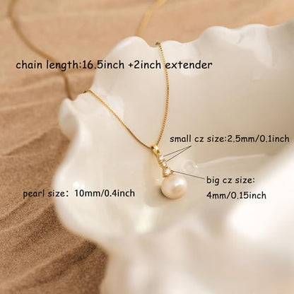 Gold Necklace for Women, 14k Gold Plated Cubic Zirconia Solitaire Pendant Necklace Waterproof Formal Necklaces for Women Cute Simple Necklaces Trendy Gold Jewelry Non Tarnish - color: Gold-pearl 2