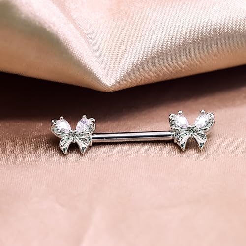 VERAMI 14G Stainless Steel Heart Nipple Rings and Barbell - Butterfly, Starlight Acrylic Ball, Tongue Rings for Women and Men - color: Silver butterfly
