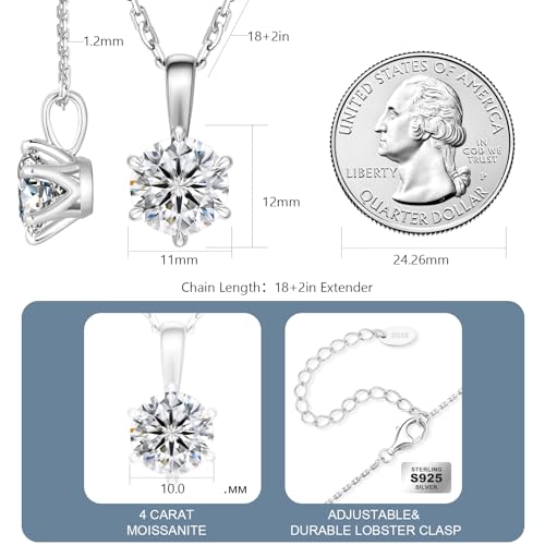 KRKC Moissanite Pendant Solitaire Necklace for Women, 0.5CT/1CT/2CT/3CT/4CT Lab Created Diamond Pendant, 6-Prong, VVS1 Clarity D Color, Adjustable S925 Sterling Silver Chain, 14K White Gold Plated, Anniversary Romantic Gift for Her, Birthday Gifts for Wif