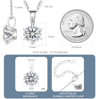 KRKC Moissanite Pendant Solitaire Necklace for Women, 0.5CT/1CT/2CT/3CT/4CT Lab Created Diamond Pendant, 6-Prong, VVS1 Clarity D Color, Adjustable S925 Sterling Silver Chain, 14K White Gold Plated, Anniversary Romantic Gift for Her, Birthday Gifts for Wif