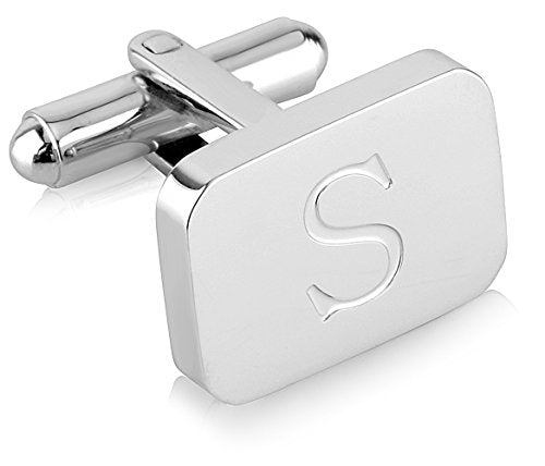 18K White-Gold Plated Initial Engraved Stainless Steel Men’s Cufflinks With Gift Box -Personalized Alphabet Letter’s A-Z By Lux & Pair - style: S- White Gold
