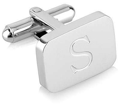 18K White-Gold Plated Initial Engraved Stainless Steel Men’s Cufflinks With Gift Box -Personalized Alphabet Letter’s A-Z By Lux & Pair - style: S- White Gold