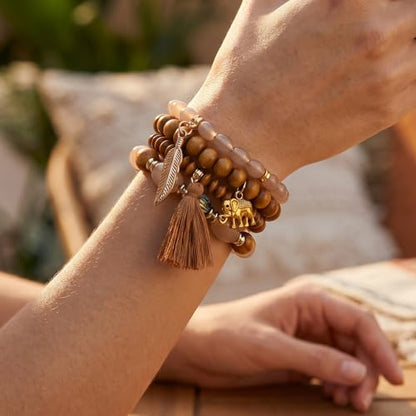 Boho Wooden Beads Bracelets Bohemian Bracelet Stack for Men Women Wood Beaded Bracelet Set - color: T