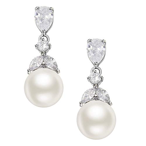SWEETV Cubic Zirconia Pearl Drop Wedding Earrings for Brides, Ivory Bridal Pearl Earrings for Bridesmaid Jewelry Gift - color: 01.Style 1