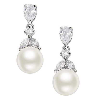 SWEETV Cubic Zirconia Pearl Drop Wedding Earrings for Brides, Ivory Bridal Pearl Earrings for Bridesmaid Jewelry Gift - color: 01.Style 1