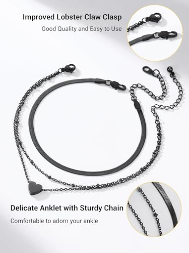 PROSTEEL Trendy Handcuffs Design/Customize Words Ankle Bracelet For Women, 316L Stainless Steel Anklets Silver/Gold/Black Tone, Hypoallergenic, Come with Box - style: 06.2 Layered-Herringbone&Heart-Black