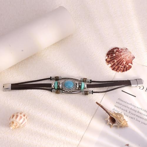 INENIMARTJ Western Turquoise Leather Wrap Bracelets for Men Women Boho Multilayer Turquoise Cuff Wrap Bracelet Western Bracelet Jewelry for Men and Woman - color: brown