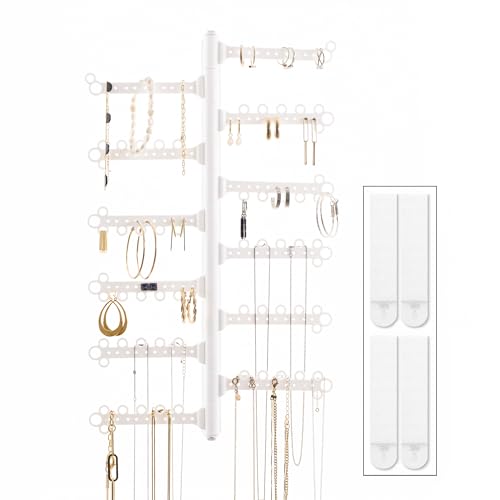 12-Tier Hanging Wall Jewelry Organizer, Earring,Necklace,Ring Holder-White | Large Capacity with 120 Earring Holes, Rotating Branches, genuine 3M Command Strips, Bracelet, Ring & Necklace Storage - color: White 12-Tier