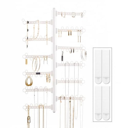 12-Tier Hanging Wall Jewelry Organizer, Earring,Necklace,Ring Holder-White | Large Capacity with 120 Earring Holes, Rotating Branches, genuine 3M Command Strips, Bracelet, Ring & Necklace Storage - color: White 12-Tier