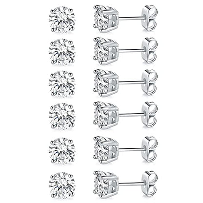 MDFUN Hypoallergenic CZ Stud Earrings Set for Women/Men,6 Pairs 18K Gold Plated Round 3-8mm Clear Cubic Zirconia Earring Pack Jewelry Gift - color: White gold-7mm-6 pairs