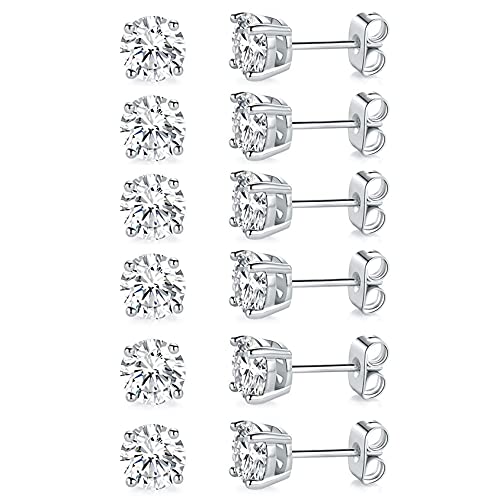 MDFUN Hypoallergenic CZ Stud Earrings Set for Women/Men,6 Pairs 18K Gold Plated Round 3-8mm Clear Cubic Zirconia Earring Pack Jewelry Gift - color: White gold-7mm-6 pairs