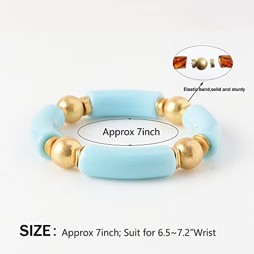LALAPPLE Gold Plated Beaded Acrylic Bamboo Tube Bangle Bracelets for Women, Colorful Chunky Curved Tube With Gold Plated Pieces Beads Stretch Bracelet Friendship Summer Beach Jewelry - color: C-Sky Blue