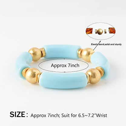 LALAPPLE Gold Plated Beaded Acrylic Bamboo Tube Bangle Bracelets for Women, Colorful Chunky Curved Tube With Gold Plated Pieces Beads Stretch Bracelet Friendship Summer Beach Jewelry - color: C-Sky Blue