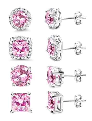 MILACOLATO S925 Sterling Silver Stud Earrings for Women Men Hypoallergenic 18K Gold Plated Cubic Zirconia Earrings Studs Brilliant Simulated Diamond Halo Earring for Sensitive Ears - style: 18K White Gold Plated - Pink CZ