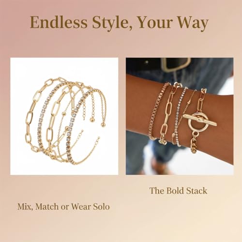 14K Gold Plated Layered Bracelet Set for Women, Boho Stackable Crystal Link Chain Bangles, Stacked Gold Bracelets Elegant Jewelry Gift for Wedding, Anniversary, Birthday