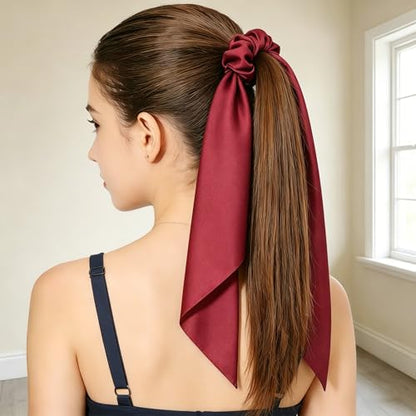 Pack of 2 Knotted Bow Hair Scrunchies Elastic Hair Scarf Hair Ties Bands Satin Hair Ribbon Scrunchy Red Ponytail Holder for Women and Girls, Hair Scarf Scrunchies, Hair Accessories (Burgundy) - color: Burgundy