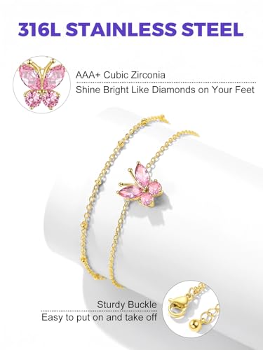 Richsteel Double Layer Heart/Butterfly Birthstone Anklet for Women | Non Tarnish Waterproof, Silver/Gold/Black Stainless Steel 8.5-10.5 Inch Adjustable Chain Anklets Summer Beach Foot Jewelry - color: Gold Butterfly-10 Oct.(Pink Tourmaline)