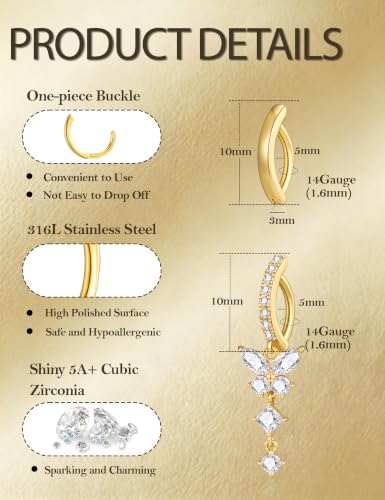 Apsvo 2Pcs Belly Button Ring for Women Surgical Steel CZ Clicker Belly Rings Hoop Teardrop Heart Dangle Belly Button Piercing Simple Reverse Navel Piercing Jewelry 14G - color: Gold-Butterfly