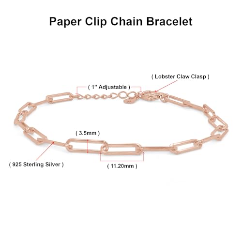 7" Length +1" Adjustable Paper Clip Chain Bracelet for Women | 14K Gold Over Sterling Silver Plain Jewelry - color: rose-gold-plated-silver