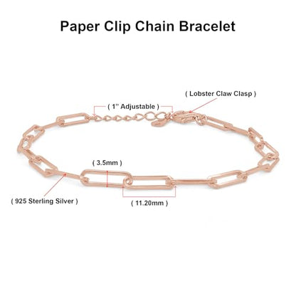 7" Length +1" Adjustable Paper Clip Chain Bracelet for Women | 14K Gold Over Sterling Silver Plain Jewelry - color: rose-gold-plated-silver