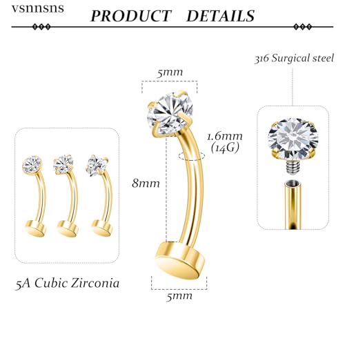Vsnnsns 14G Floating Belly Button Ring Piercing Jewelry 316L Stainless Surgical Steel Round Heart Cubic Zirconia Navel Rings Belly Button Ring Piercing Jewelry for Women 14 Gauge Hypoallergenic - color: Gold-8MM Bar-Clear CZ