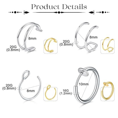 Fake Eyebrow Ring Fake Lip Labret Studs Replacement Balls Spike with 100pcs Sticker Non-Piercing Body Jewelry Fake Skin Piercing - color: C3 -Silver + Gold