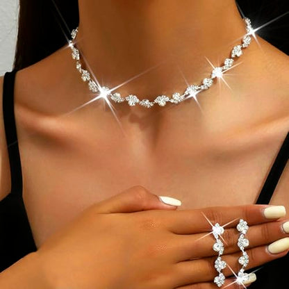 Bride Silver Necklace Earrings Set Crystal Bridal Wedding Jewelry Set Rhinestone Choker Necklace for Women and Brides - color: Silver