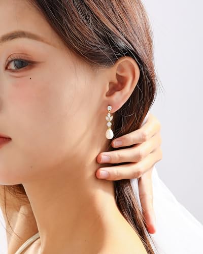 Pearl Earrings for Women, 14k Gold Plated Trendy Diamond Pearl Drop Earrings Bridal Shower Gifts Wedding jewelry for Women - color: Style D Gold