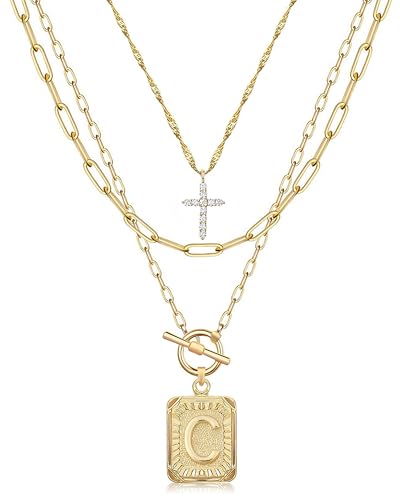 MJartoria Layered Initial Necklaces for Women Trendy, 14K Gold Plated Brass Simple Dainty Cross Choker Square Letter Pendant Necklace, Paperclip Chain Necklaces Jewelry - color: Gold, style: C