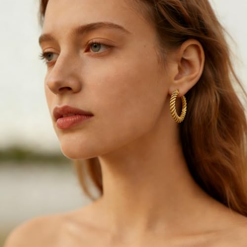 14K Gold Braided Texture Hoop Earring, 32/40mm Twist Rope Design Round Hoop Earrings for Women Gold Jewelry Gifts for women - style: Twisted Earrings-40mm