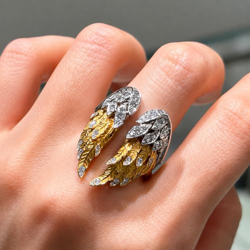 Angel Wing Adjustable Ring Set, Gold Silver Stackable Open Rings with Rhinestone Feather Design, Statement Jewelry for Women Party Daily Wear