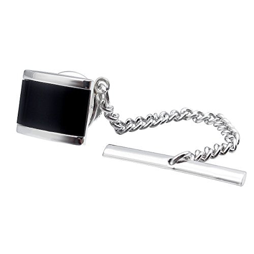 HAWSON Tie Pins Tie Tacks for Men with Chain, Mens Jewelry or Accessories for Wedding Birthday Anniversary Christmas Valentine's Day - color: Silver + Black Enamel