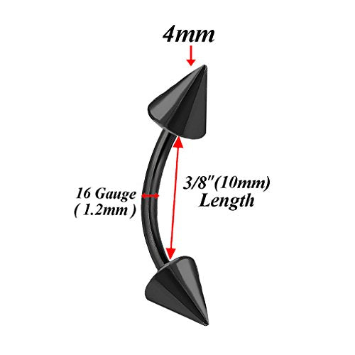 4pcs 16g Curved Barbell Cartilage Lip Tragus Eyebrow Forward Helix Conch Daith Earring Black Vertical Labret Spike - 10mm