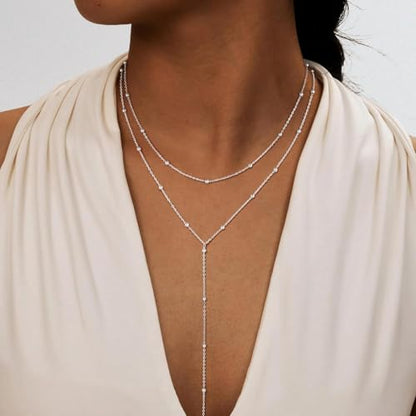 Lariat Necklace for Women, Dainty Long Necklaces, 14k Gold/Silver Plated Y-Shaped Drop Chain Necklace, Simple Layered Necklaces, Trendy Jewelry Gifts - style: Y Layered Bead Necklace-Silver