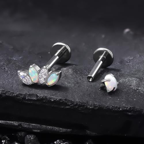 Titanium Flat Back Lip Rings Internally Threaded Earrings Studs Nose Rings 16G Opal CZ Tragus Cartilage Lobe Rook Helix Conch Labret Medusa Piercing Jewelry for Women Men W Piercing Taper Set - style: Four Opal & CZ