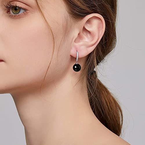CERSLIMO Pearl Drop Earrings for Women | S925 Sterling Silver Post Simulated Shell Pearl Hoop Dangle Earrings, Hypoallergenic Cubic Zirconia Huggies Earrings Bridesmaid Jewelry - style: 01 Black-Round