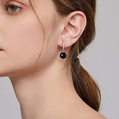 CERSLIMO Pearl Drop Earrings for Women | S925 Sterling Silver Post Simulated Shell Pearl Hoop Dangle Earrings, Hypoallergenic Cubic Zirconia Huggies Earrings Bridesmaid Jewelry - style: 01 Black-Round