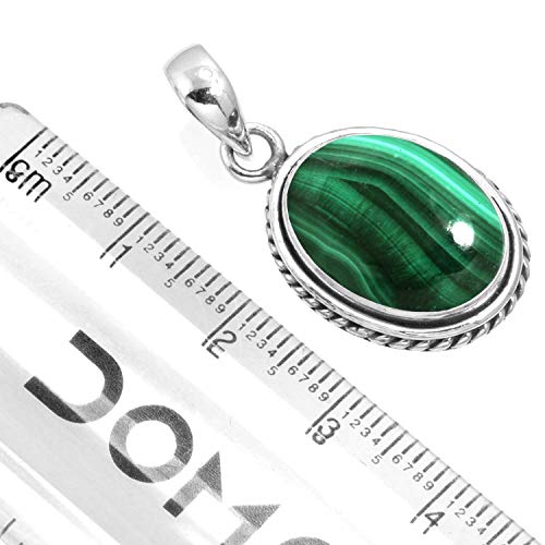 Chunky Natural Gemstone Pendant Necklace For Women Onyx, Turquoise, Amber, Garnet Oval Boho Genuine 925 Sterling Silver Handmade Jewelry - color: Malachite