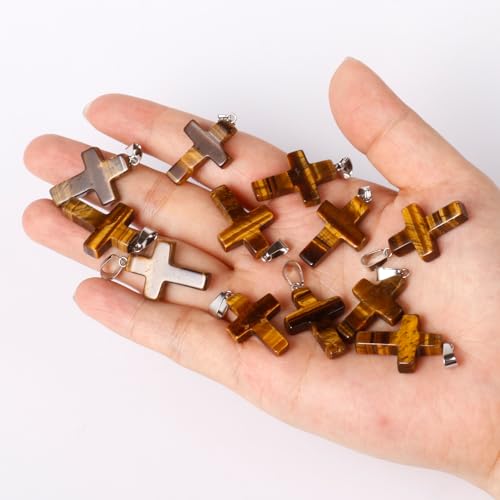 12PCS Natural Stone Cross Pendant Gemstone Charms Bulk for Jewelry Making | Healing Crystal Quartz Chakra Reiki Gemstone Pendants Charms Bulk for Necklace Craft - color: Tiger's Eye Cross