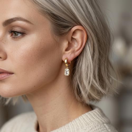 Dangle Flower Gold Earrings for Women, Trendy Statement Hoop Earrings, Gold Floral Drop Earrings Jewelry for Gifts - color: Rectangle 14K gold CZ