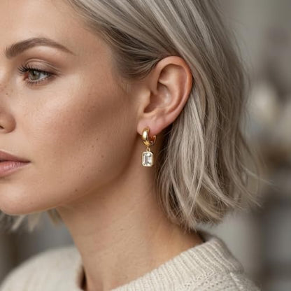 Dangle Flower Gold Earrings for Women, Trendy Statement Hoop Earrings, Gold Floral Drop Earrings Jewelry for Gifts - color: Rectangle 14K gold CZ