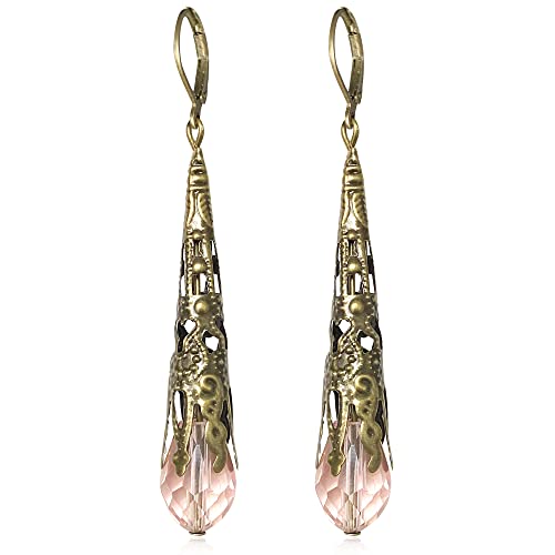 Indian Ethnic Vintage Gold Brone Sparkly Crystal Teardrop Dangle Drop Earrings Bohemian Gypsy Retro Rhinestone Hook Earrings for Women Love Statement Jewelry Gift - color: Light Pink