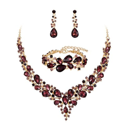 Wedding Bridal Jewelry Set for Women Bride Bridesmaids | Gorgeous Austrian Crystal Teardrop Cluster Statement Necklace Dangle Earrings Link Bracelet Set Prom Jewellery - color: 14-Deep Amethyst Color Gold-Plated-Base