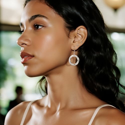ALEXCRAFT Gold Hammered Double Circle Leverback Dangle Earrings | Hypoallergenic, Drop Handmade, Hammered Round, Minimalist Boho - color: C-Silver