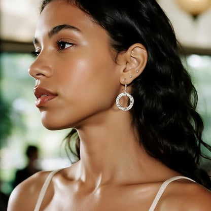 ALEXCRAFT Gold Hammered Double Circle Leverback Dangle Earrings | Hypoallergenic, Drop Handmade, Hammered Round, Minimalist Boho - color: C-Silver