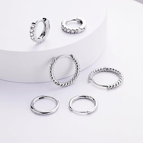 micuco 3 Pairs Small Gold Hoop Huggie Earrings Set for Women Men Tendy | 14K Gold Plated Small Huggie Hoop Earrings for Men, Tiny Cartilage Hypoallergenic Earring Set - style: D# CZ silver 8-10-12mm