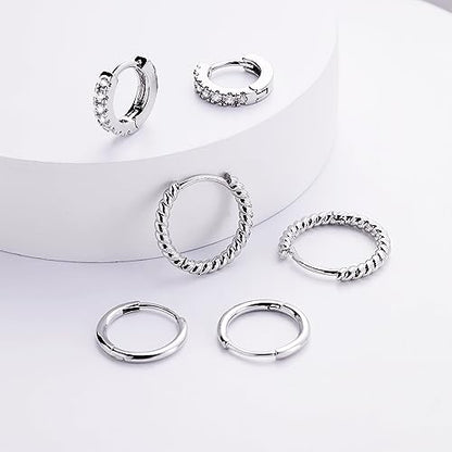 micuco 3 Pairs Small Gold Hoop Huggie Earrings Set for Women Men Tendy | 14K Gold Plated Small Huggie Hoop Earrings for Men, Tiny Cartilage Hypoallergenic Earring Set - style: D# CZ silver 8-10-12mm