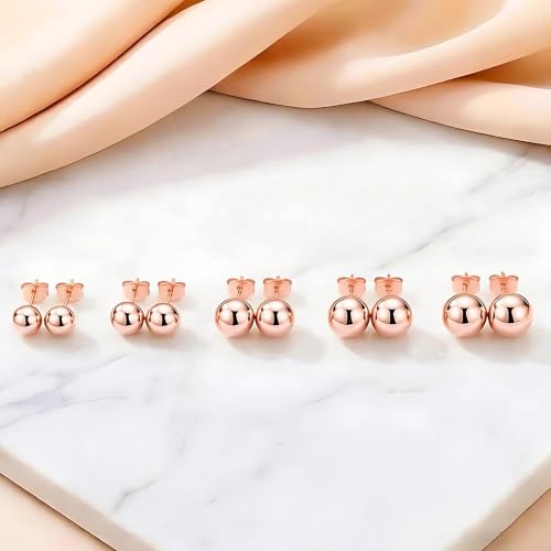 ToHeart 5 Pairs 14K Gold Silver Ball Stud Earrings for Women Studs Set | 3-7MM Studs Hypoallergenic Lightweight Small Ball Earrings Multiple Piercing Earrings Set - color: rose gold
